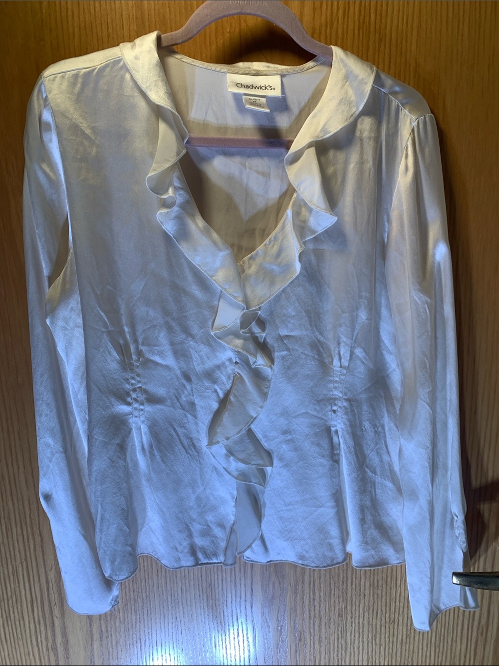 Chadwicks 100% Silk Cream Ruffle V-Neck Long Sleeve Blouse - Size 14